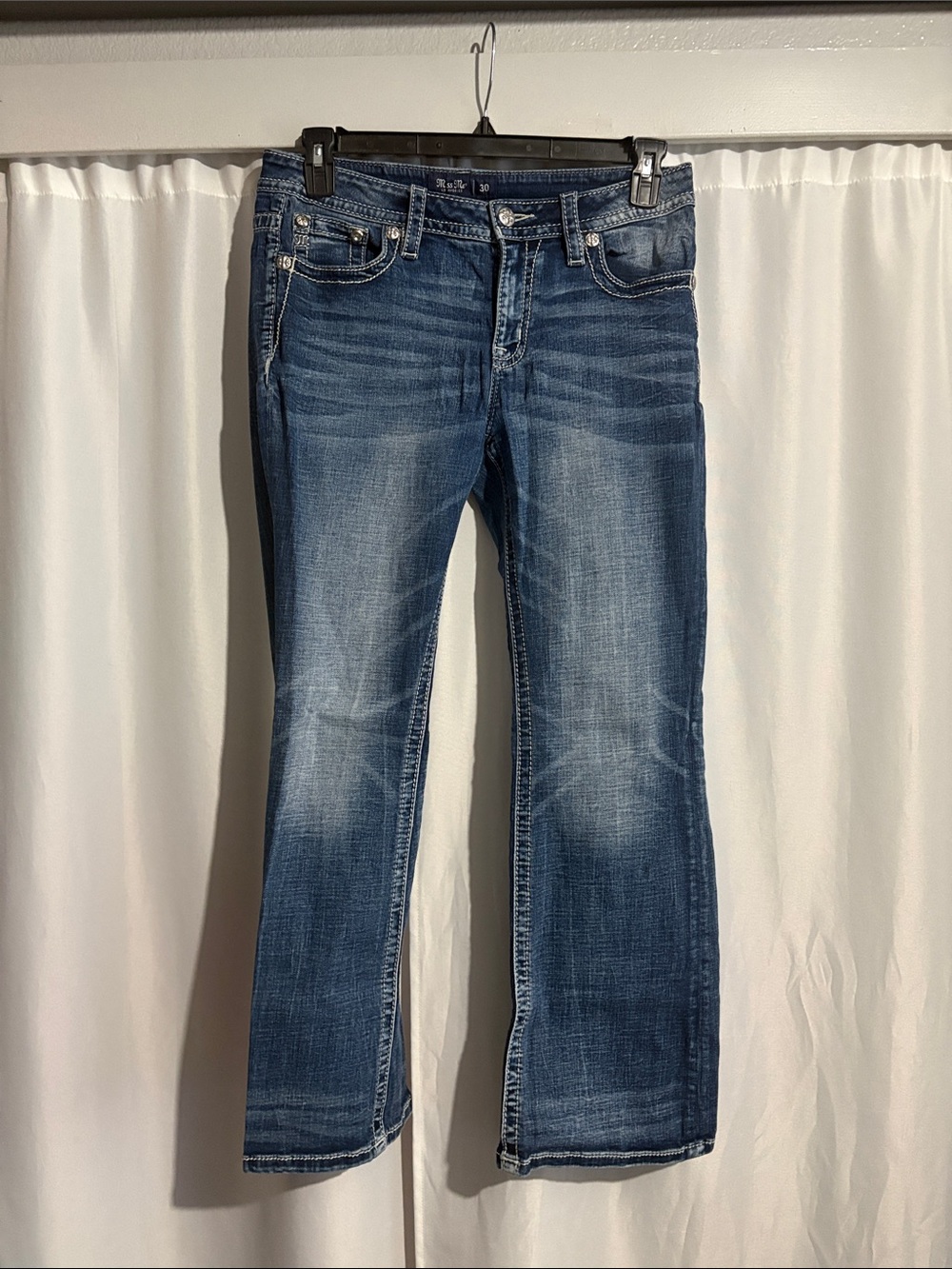 Miss Me Navy Blue Denim Jeans with White Stitching